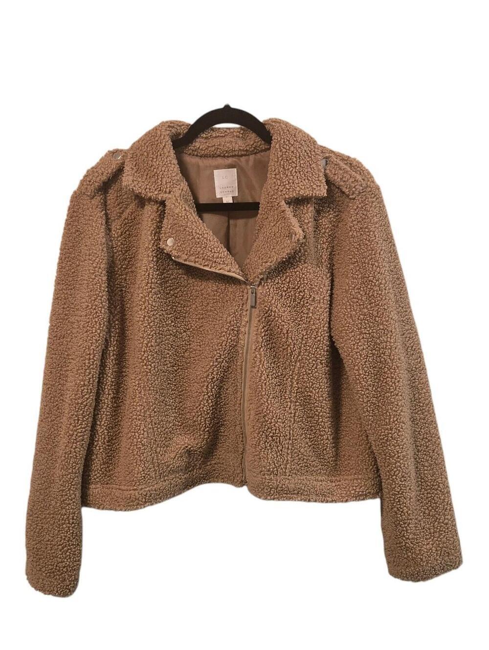 Lauren Conrad Camel Brown Laguna Beach Cropped Cozy Teddy Moto Zip Up Jacket XL